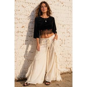 Vintage Rose Cottage Black Velvet Fringe Bolero Crop Top Rose Coquette Size 16‎